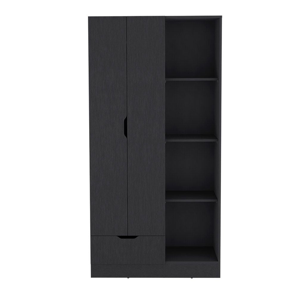 Dover Armoire – Black, with Open Shelves, Drawer & Hanging Rod