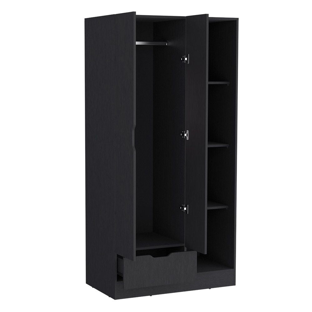 Dover Armoire – Black, with Open Shelves, Drawer & Hanging Rod