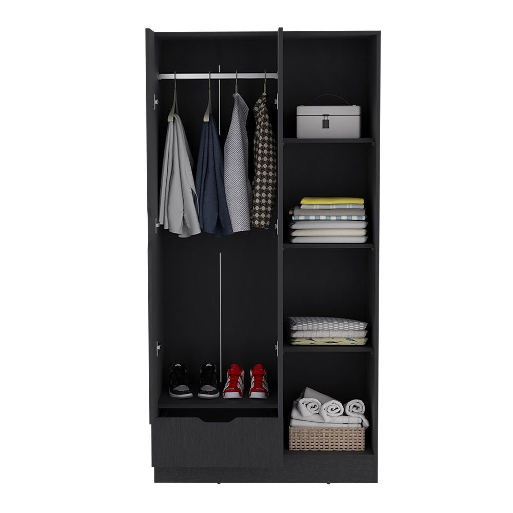 Dover Armoire – Black, with Open Shelves, Drawer & Hanging Rod