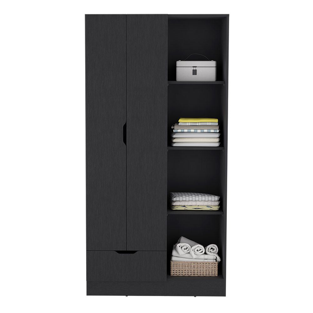 Dover Armoire – Black, with Open Shelves, Drawer & Hanging Rod