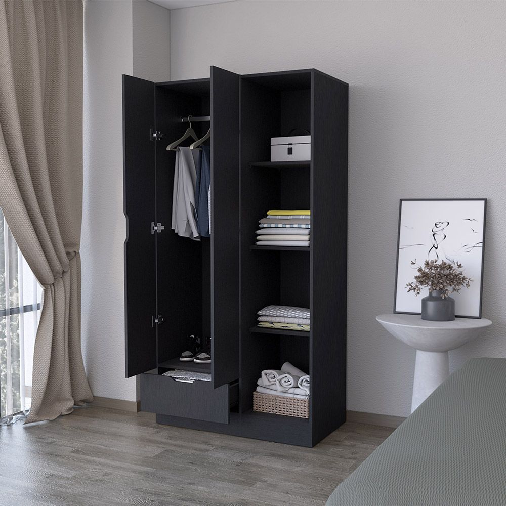 Dover Armoire – Black, with Open Shelves, Drawer & Hanging Rod