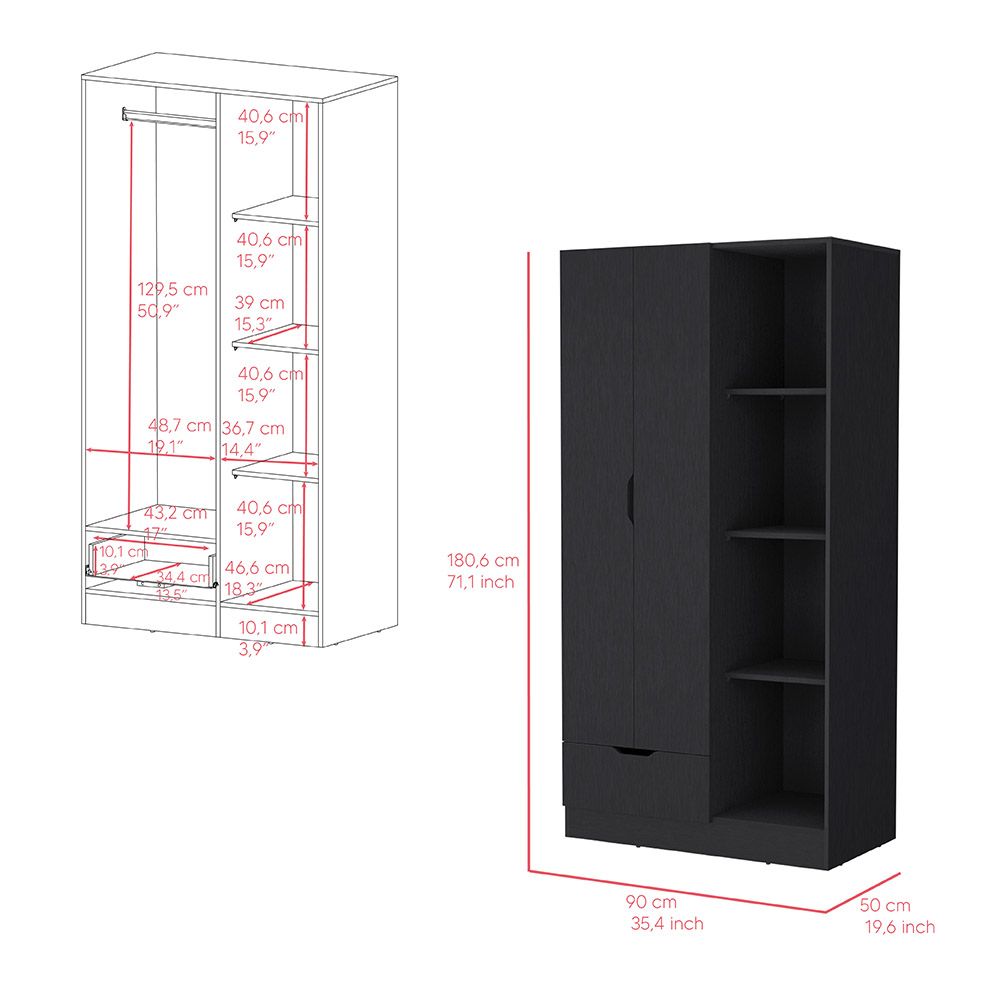 Dover Armoire – Black, with Open Shelves, Drawer & Hanging Rod