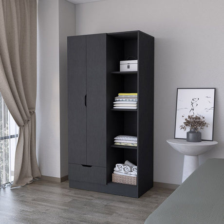 Dover Armoire – Black, with Open Shelves, Drawer & Hanging Rod