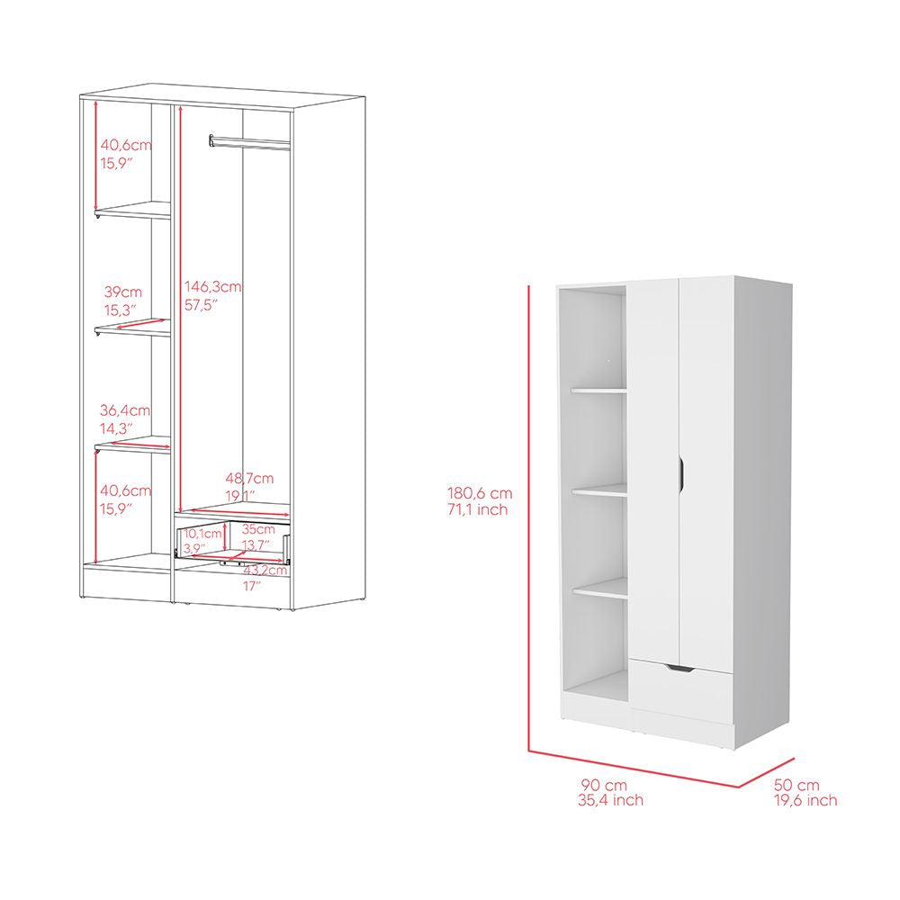 Dover Armoire with Shelves, Hanging Rod, and Drawer