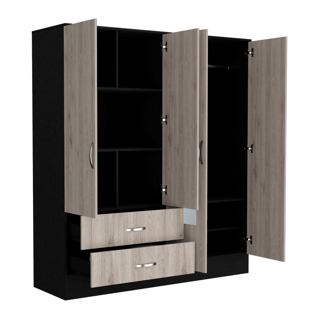 Ron Two-Tone Bedroom Armoire with Drawers, Shelves, and Mirrored Cabinet