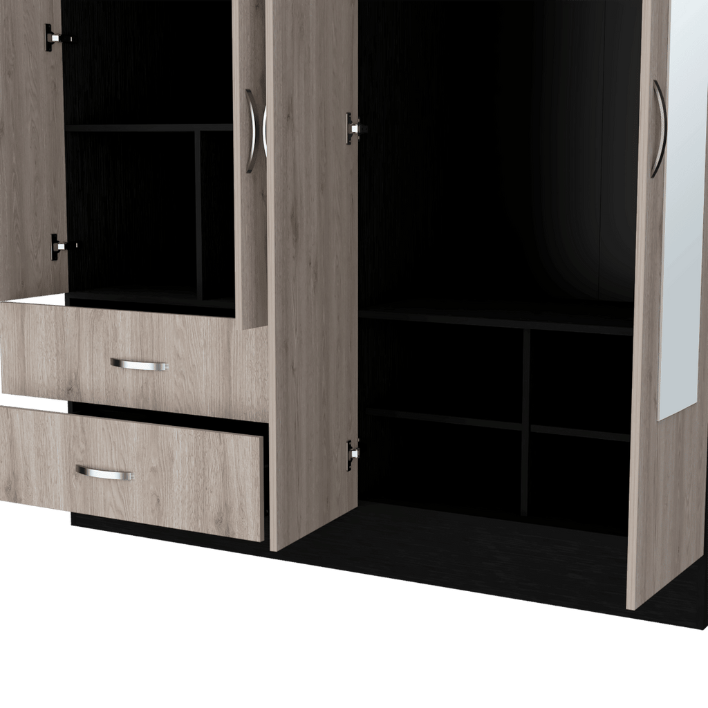 Ron Two-Tone Bedroom Armoire with Drawers, Shelves, and Mirrored Cabinet