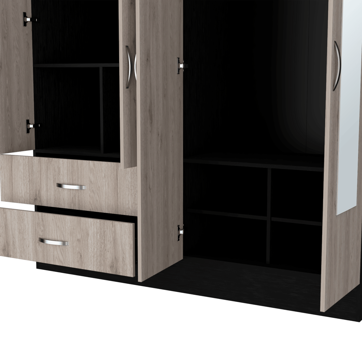 Ron Two-Tone Bedroom Armoire with Drawers, Shelves, and Mirrored Cabinet