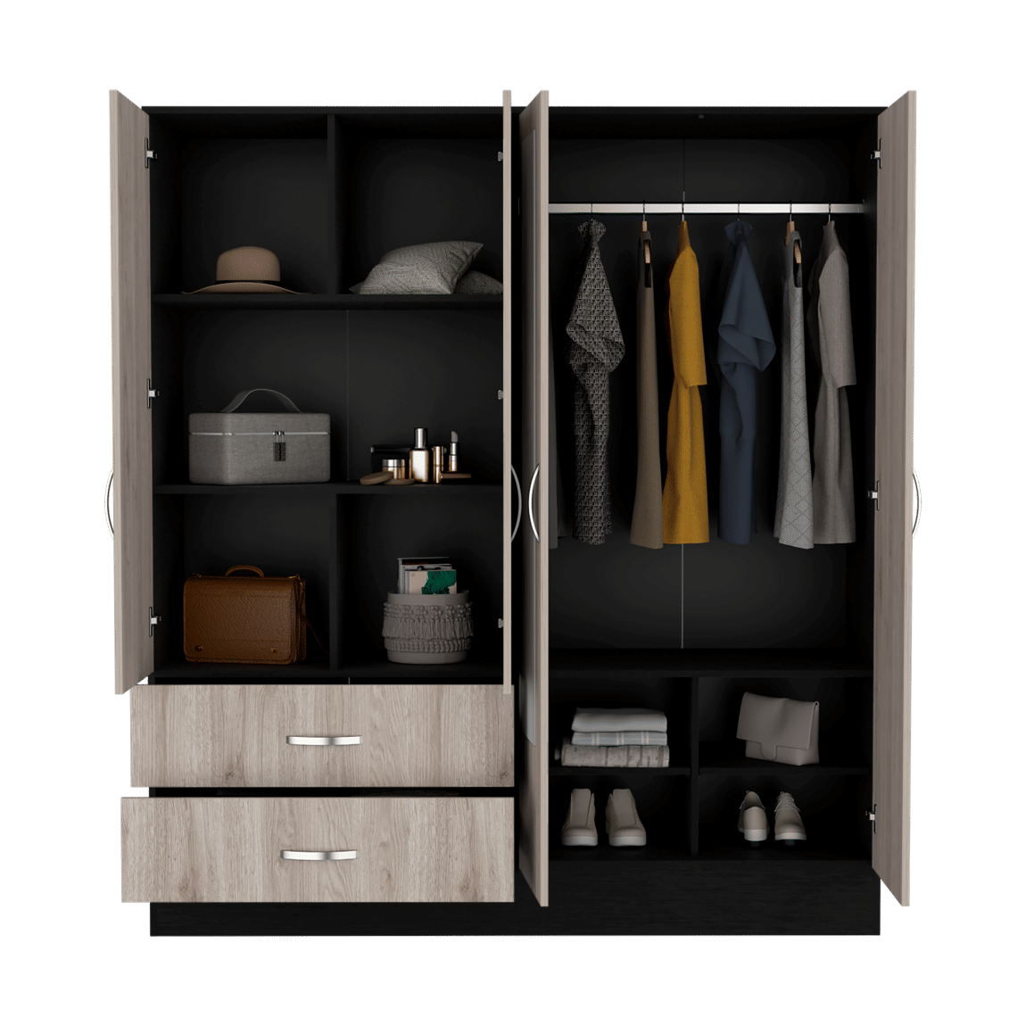 Ron Two-Tone Bedroom Armoire with Drawers, Shelves, and Mirrored Cabinet