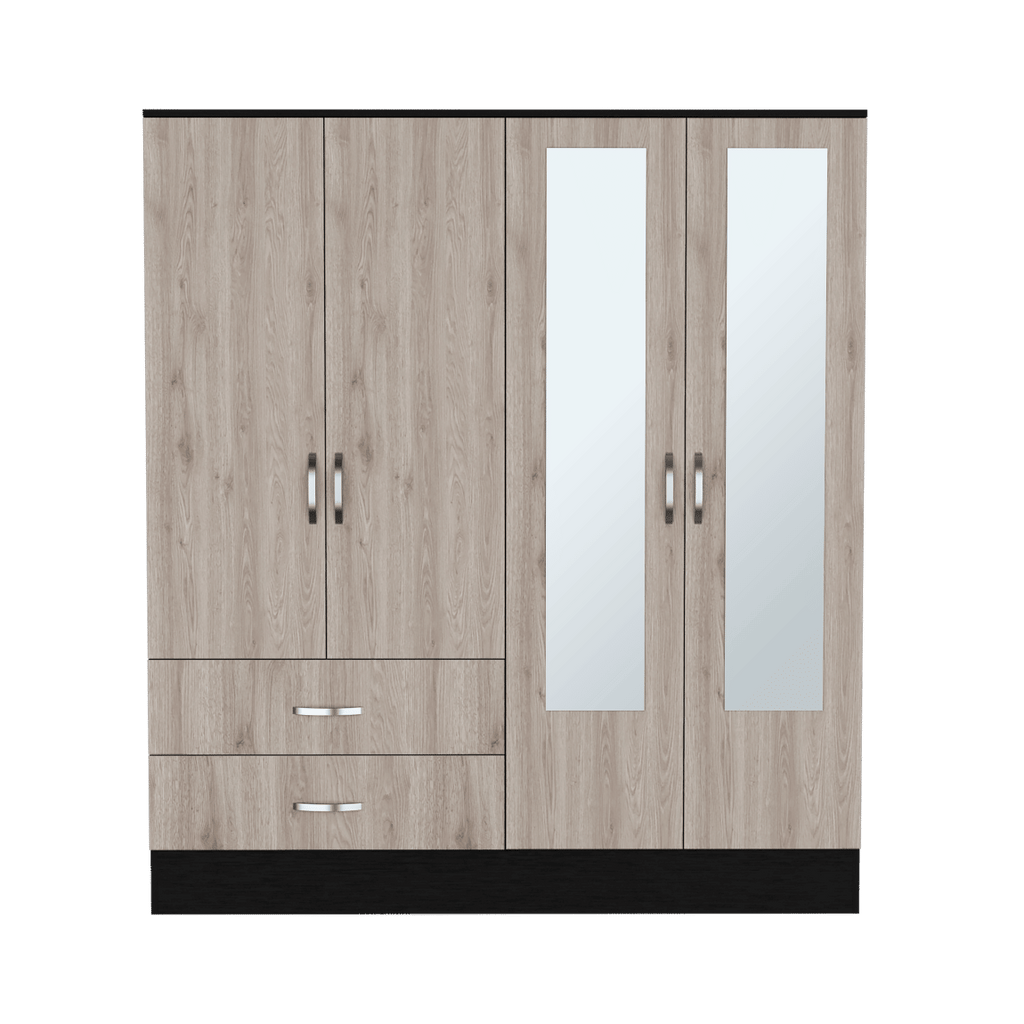 Ron Two-Tone Bedroom Armoire with Drawers, Shelves, and Mirrored Cabinet