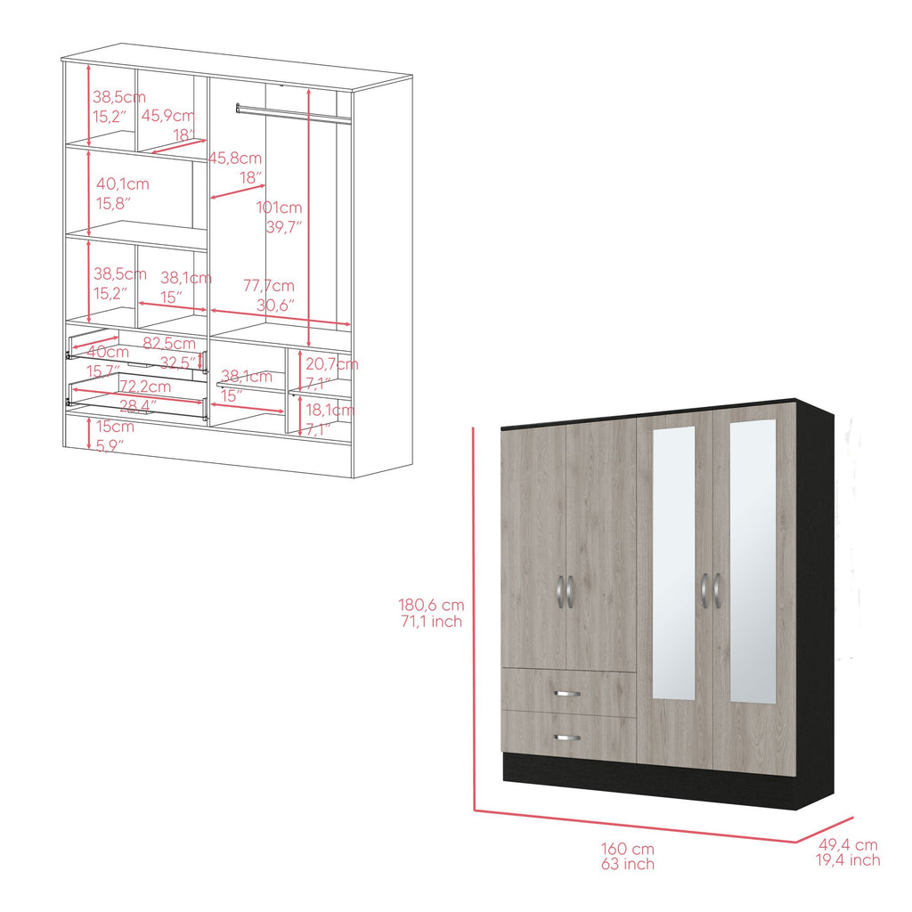 Ron Two-Tone Bedroom Armoire with Drawers, Shelves, and Mirrored Cabinet