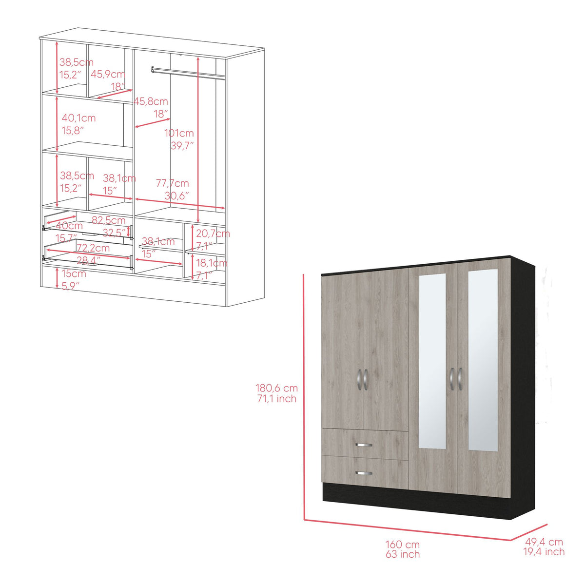 Ron Two-Tone Bedroom Armoire with Drawers, Shelves, and Mirrored Cabinet
