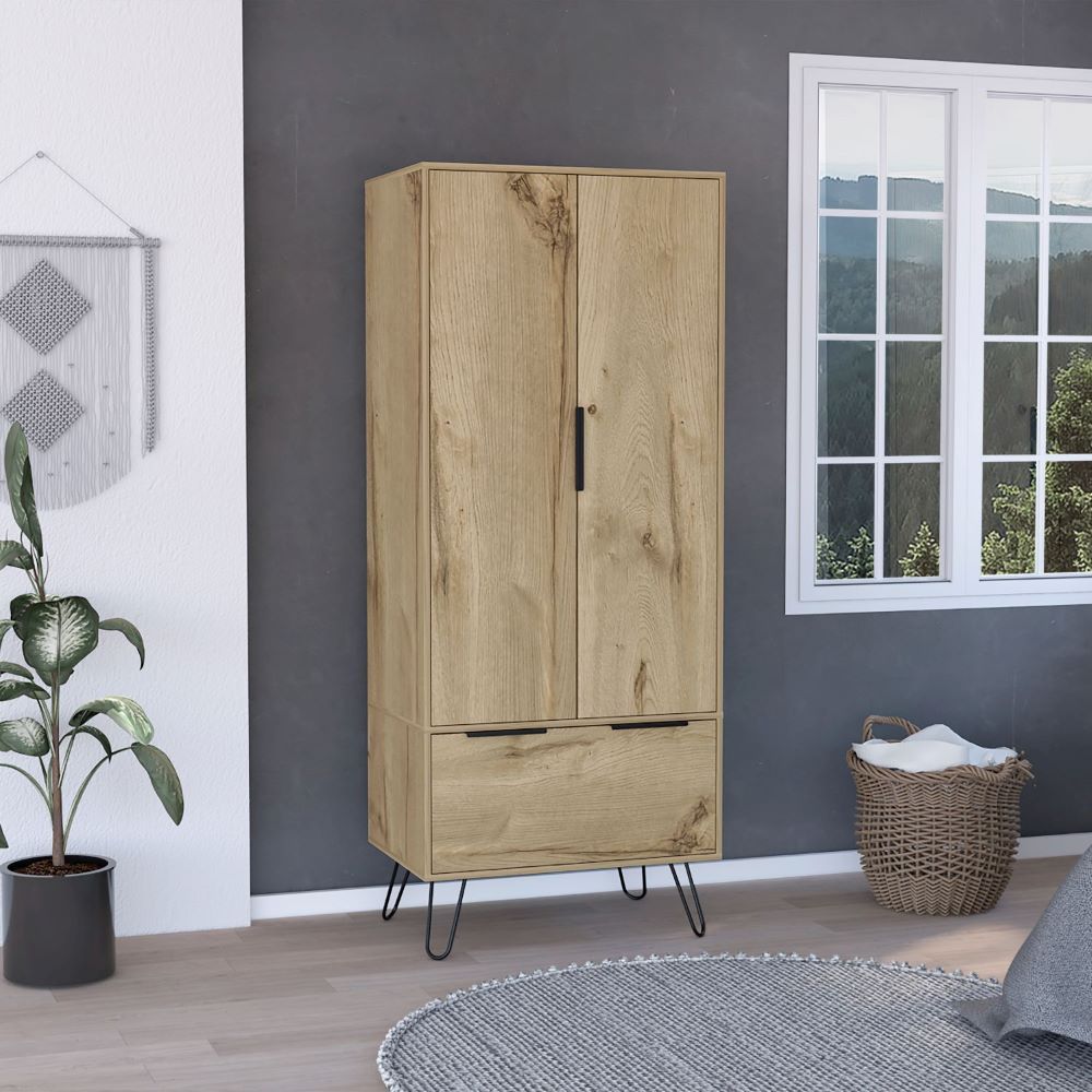 Light Oak Armoire Cabinet with One Drawer and Double Doors
