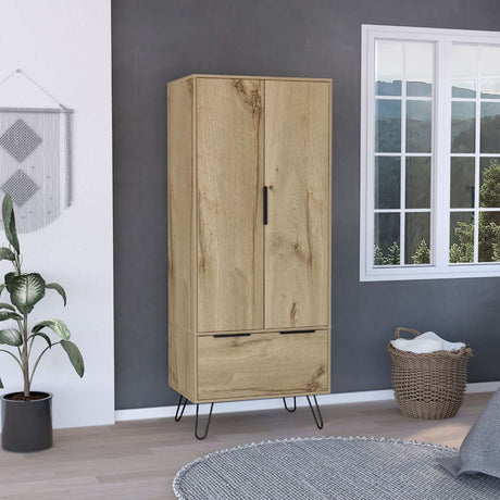 Light Oak Armoire Cabinet with One Drawer and Double Doors