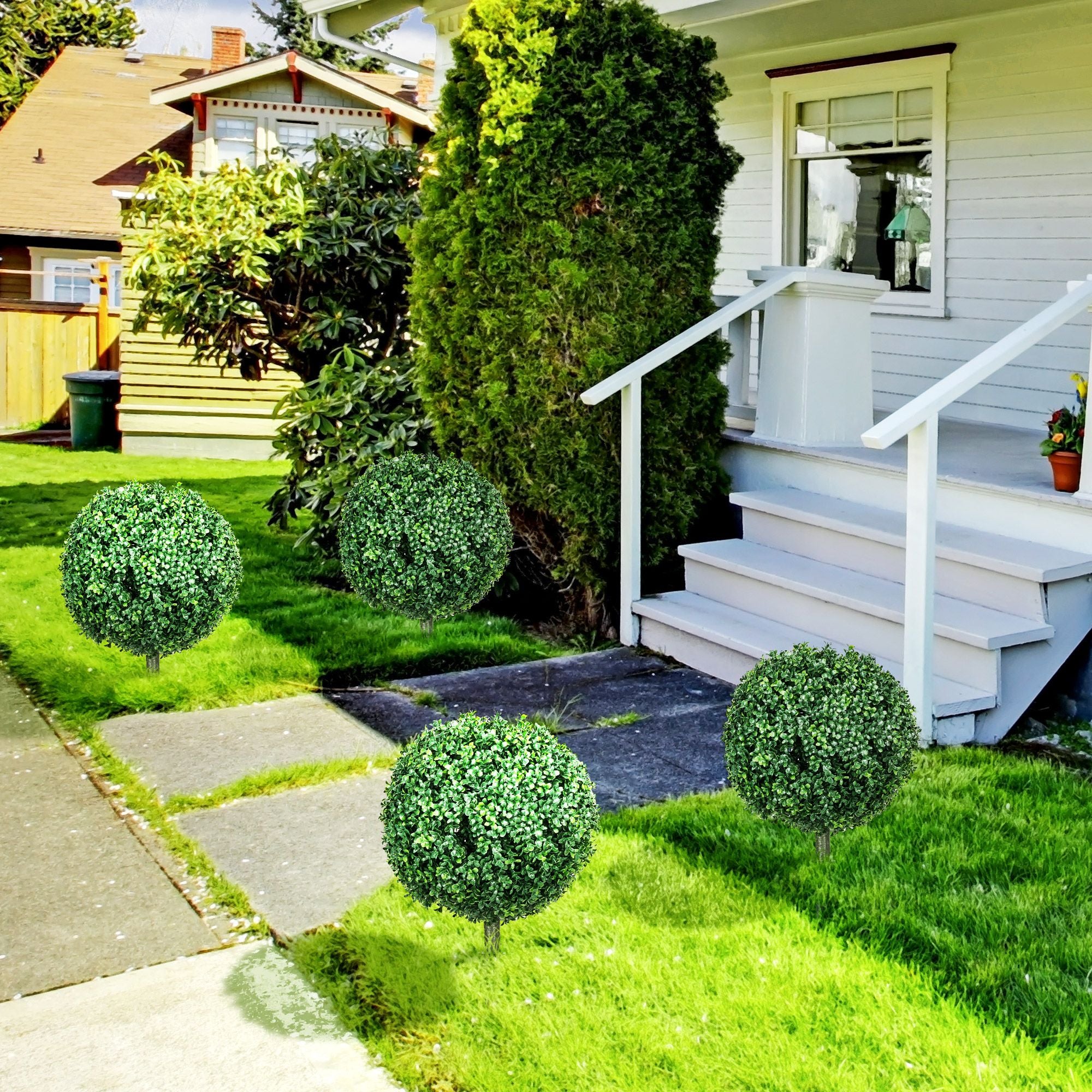 Set of 2 Artificial Boxwood Topiary Trees with Ground Stakes – Realistic & Maintenance-Free