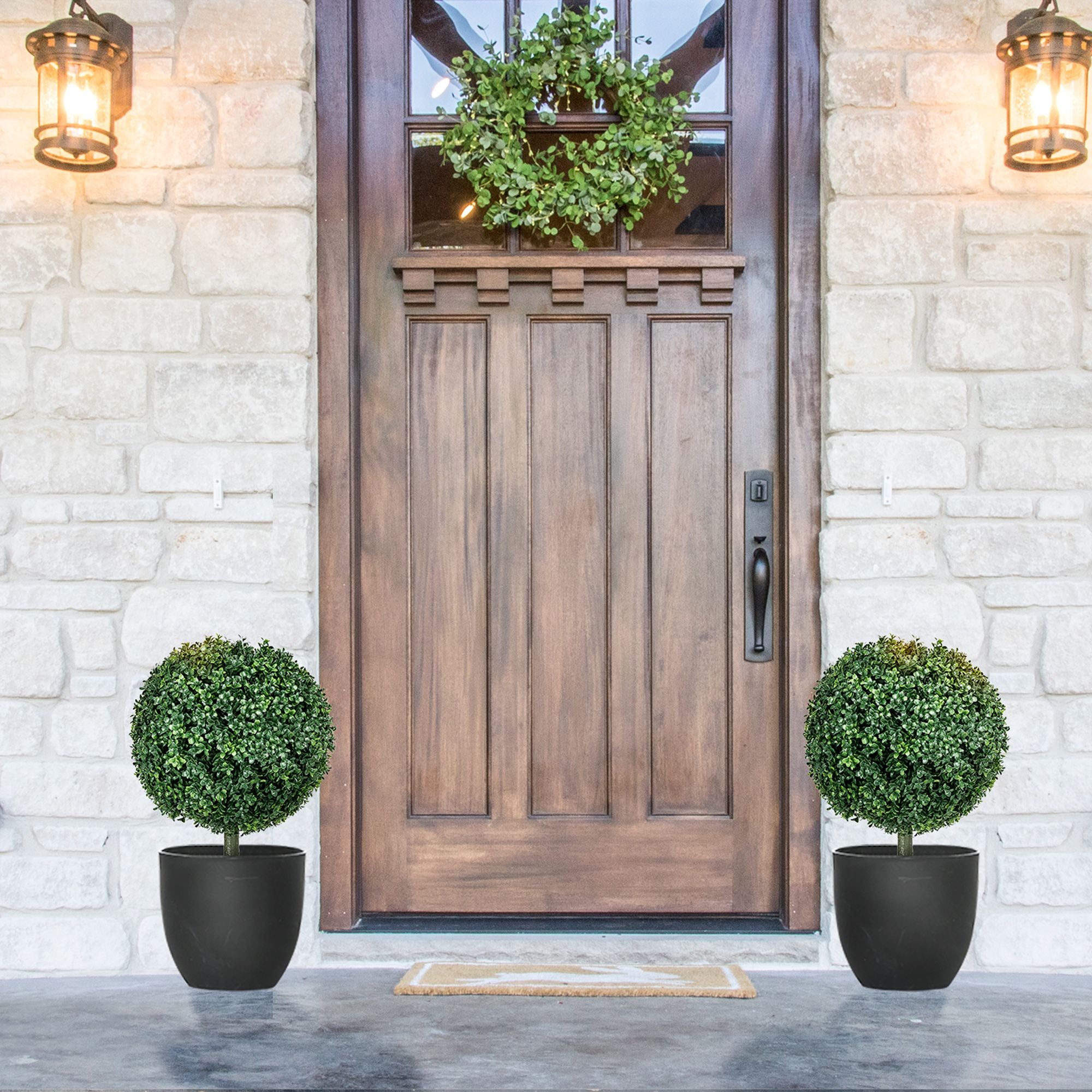 Set of 2 Artificial Boxwood Topiary Trees with Ground Stakes – Realistic & Maintenance-Free