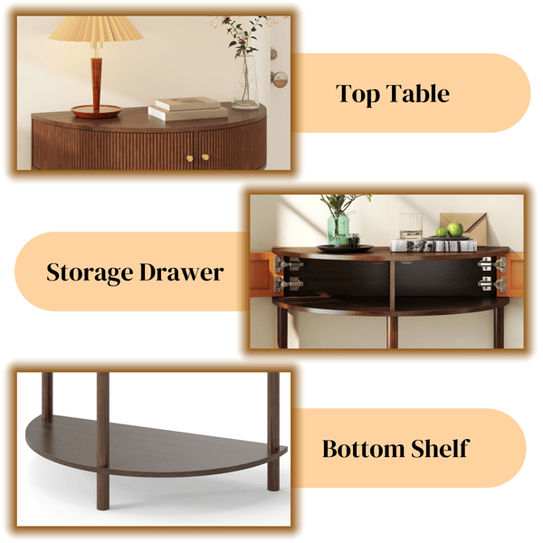 Wave-Pattern Demi-Lune Console Table with Drawers