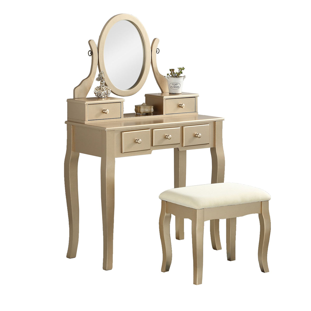 Ashley Gold Makeup Vanity With Mirror, Drawers, and Stool