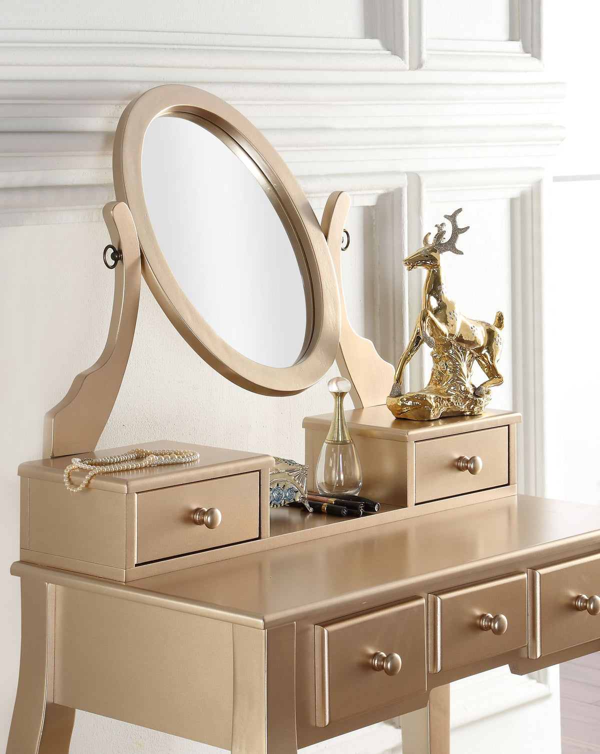 Ashley Gold Makeup Vanity With Mirror, Drawers, and Stool
