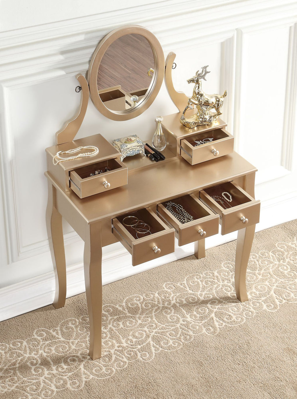 Ashley Gold Makeup Vanity With Mirror, Drawers, and Stool
