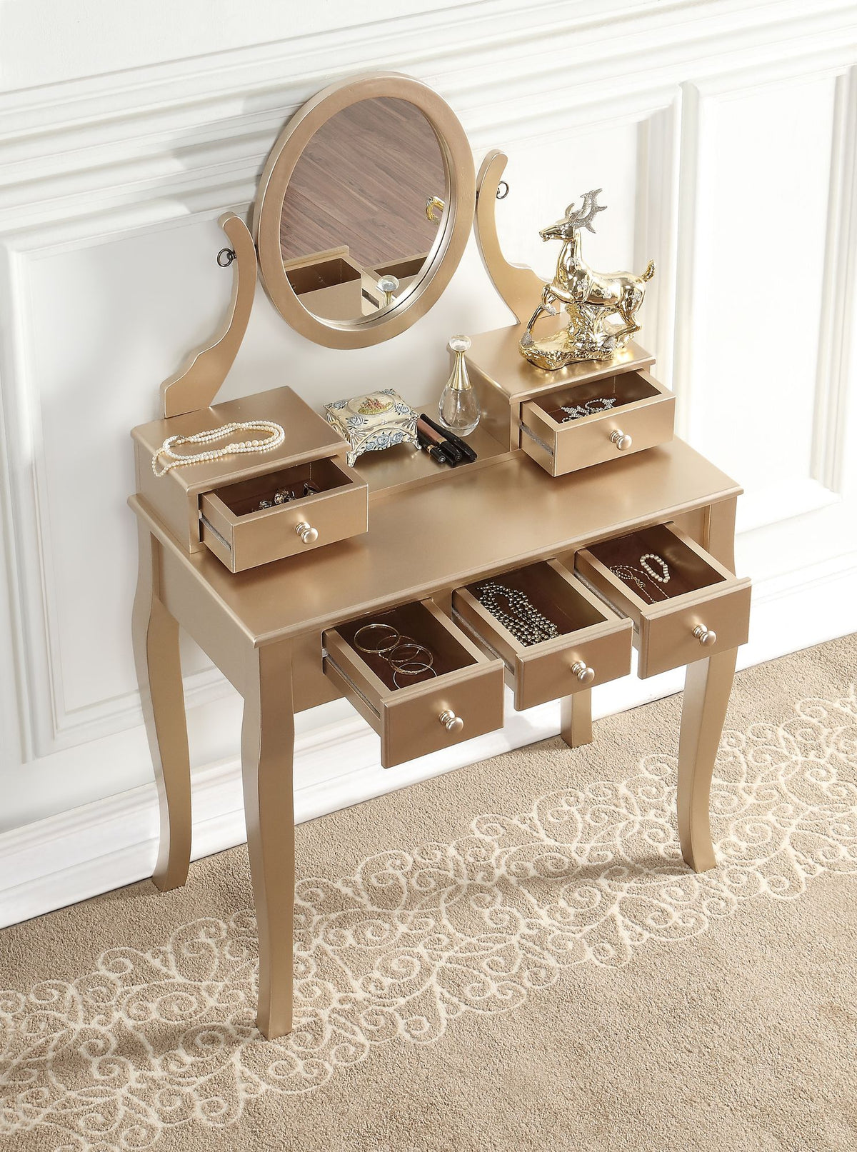 Ashley Gold Makeup Vanity With Mirror, Drawers, and Stool