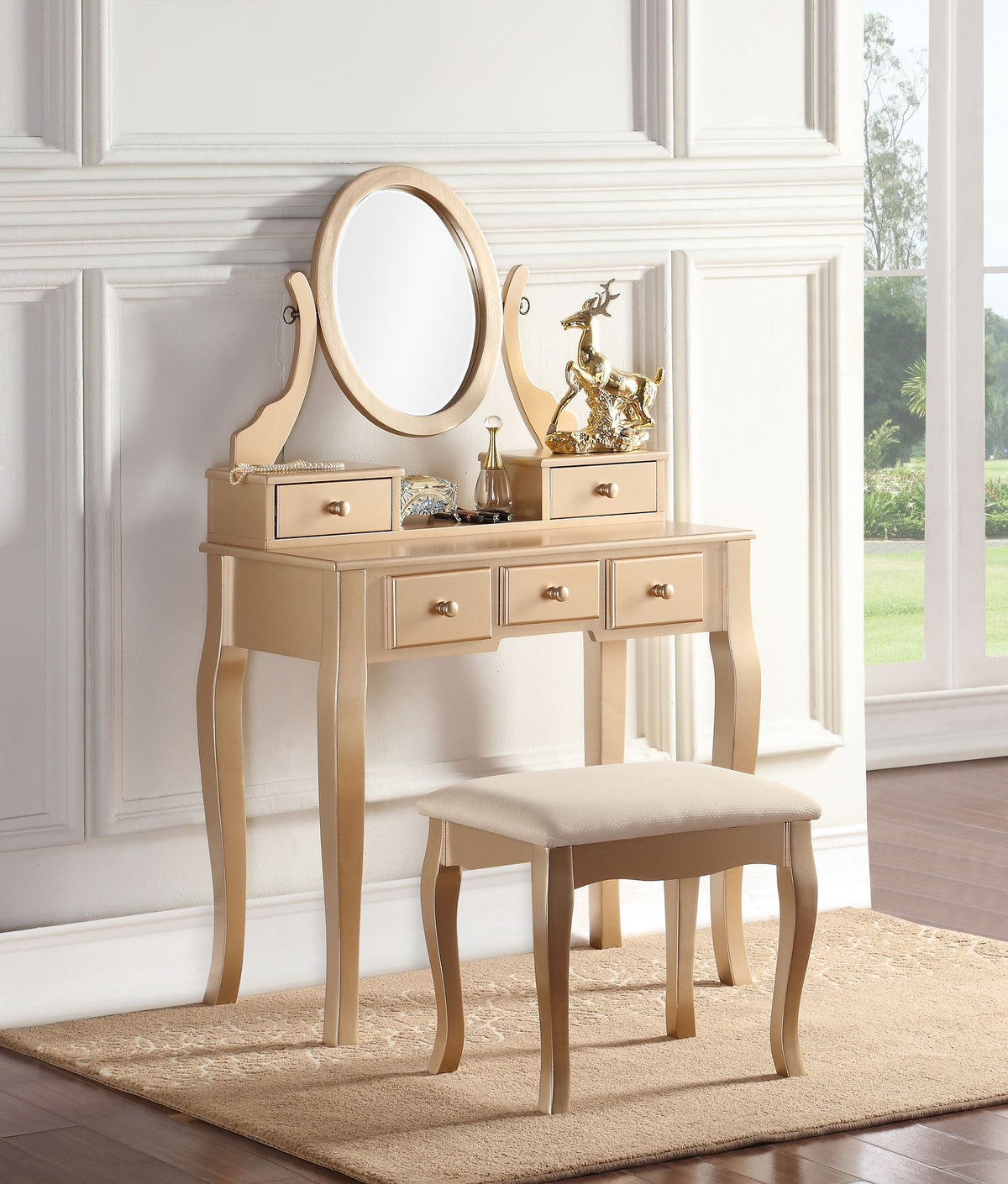 Ashley Gold Makeup Vanity With Mirror, Drawers, and Stool
