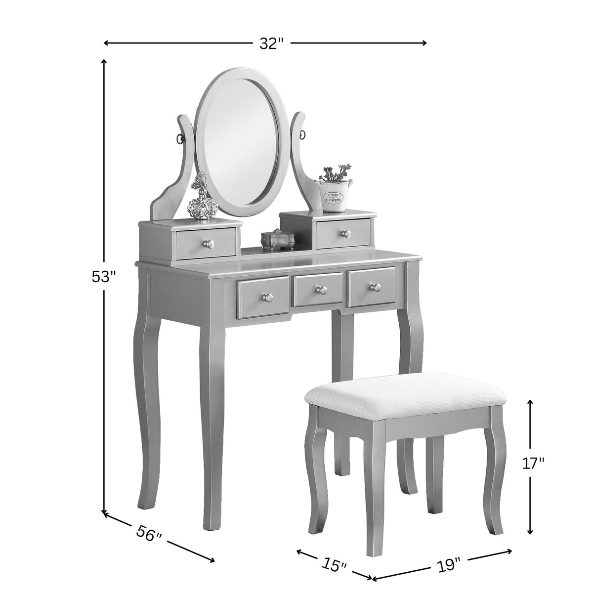 Ashley Wood Make-Up Vanity Table and Stool Set with 5 Drawers