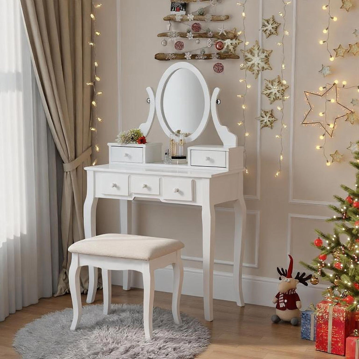 Ashley Wood Make-Up Vanity Table and Stool Set with 5 Drawers