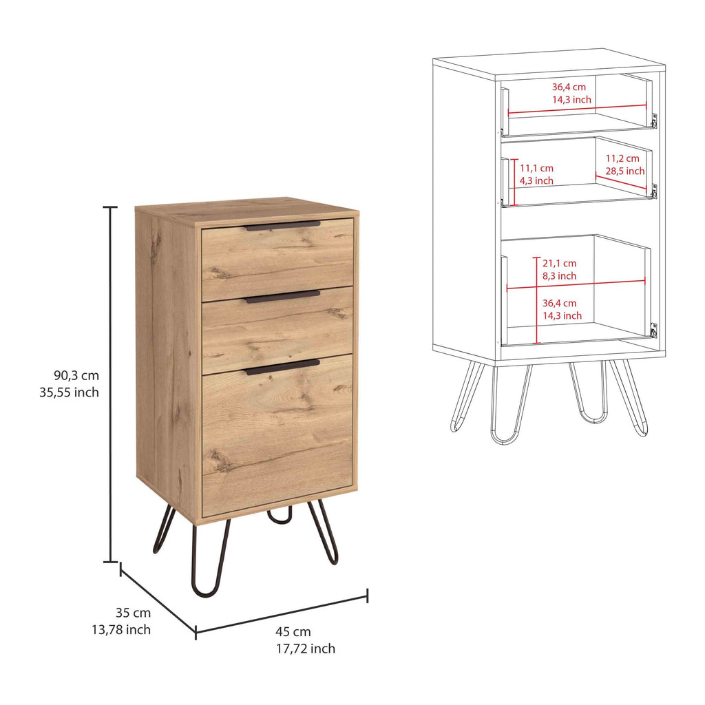 Augusta Light Oak Dresser with Hairpin Legs and Three Drawers