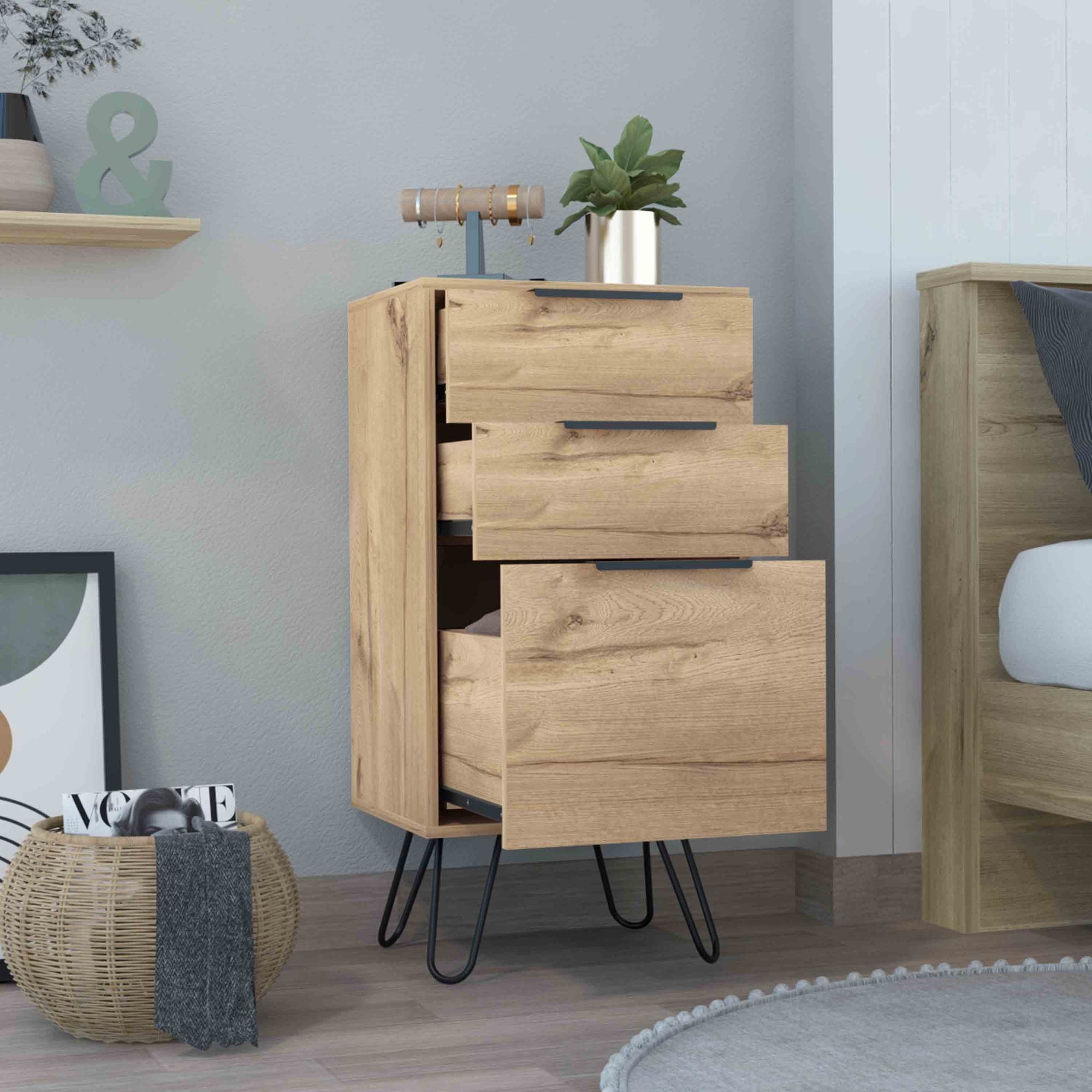 Augusta Light Oak Dresser with Hairpin Legs and Three Drawers