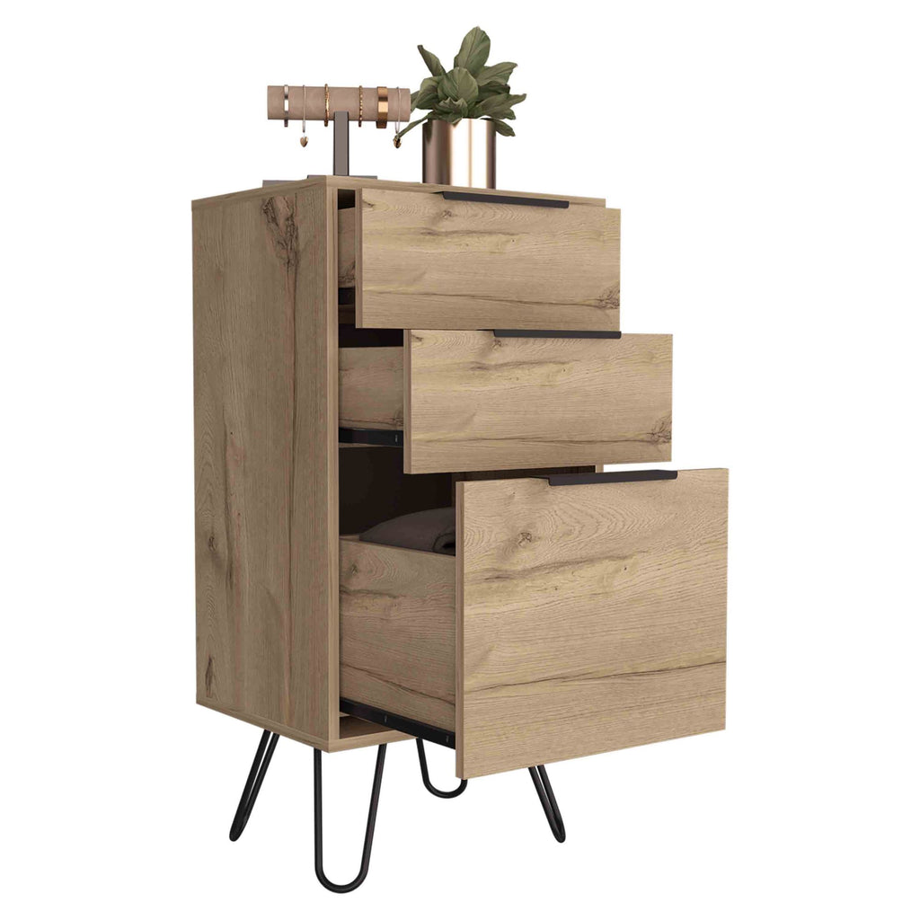 Augusta Light Oak Dresser with Hairpin Legs and Three Drawers