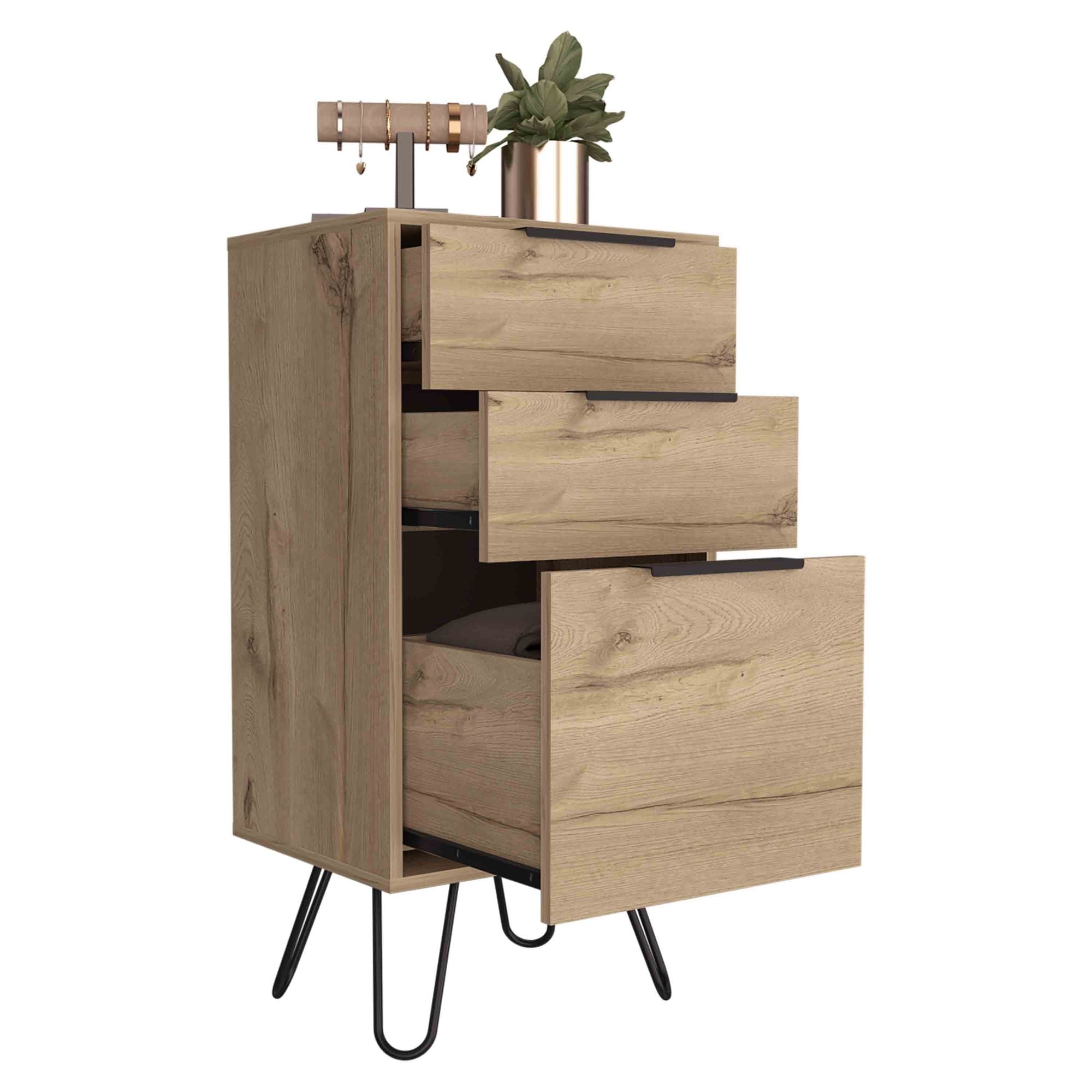Augusta Light Oak Dresser with Hairpin Legs and Three Drawers
