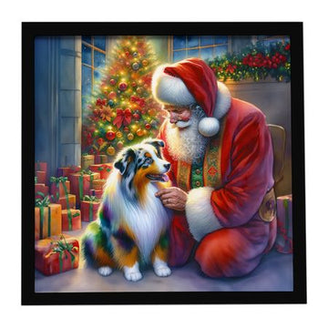 Australian Shepherd and Santa Claus Framed Metal Art