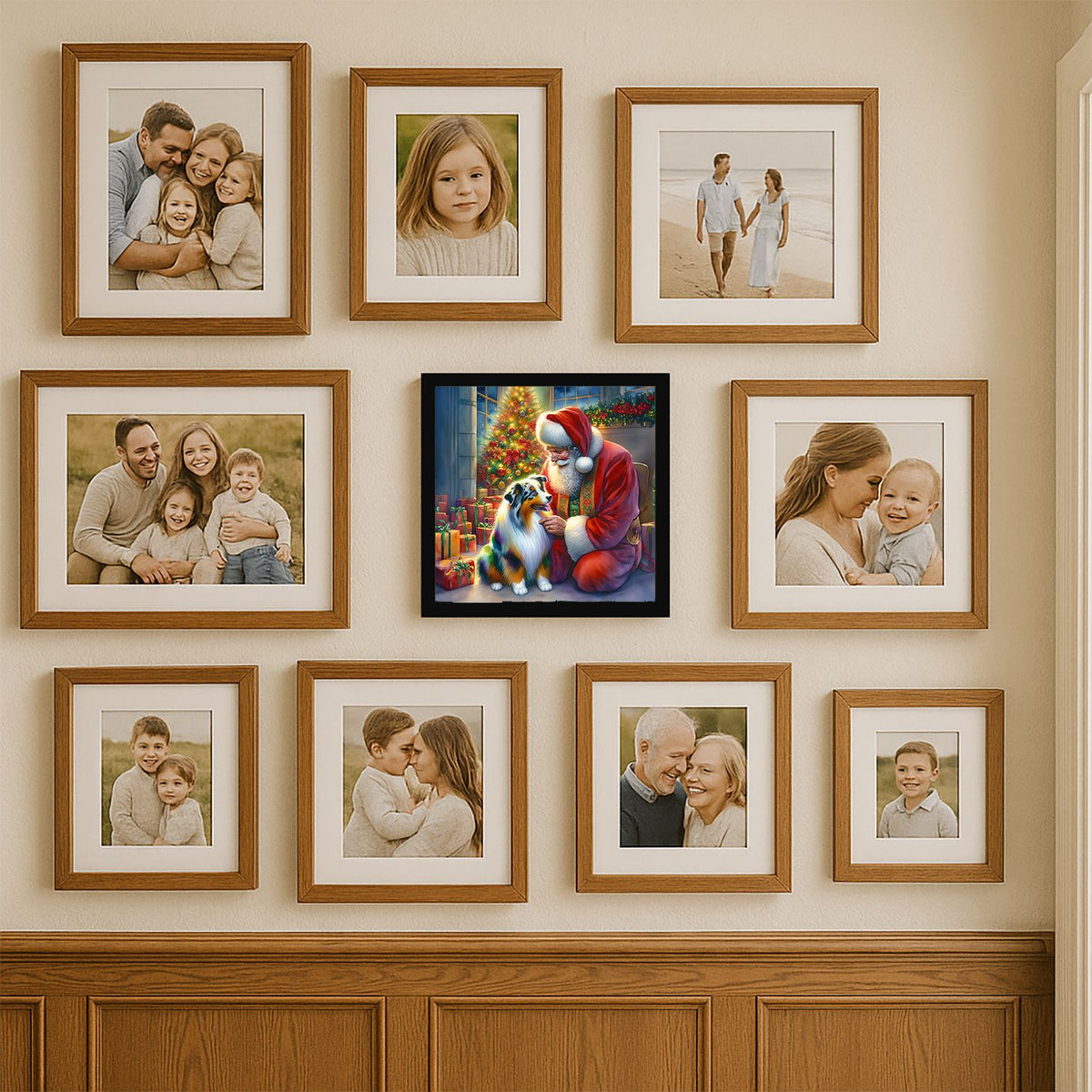 Australian Shepherd and Santa Claus Framed Metal Art