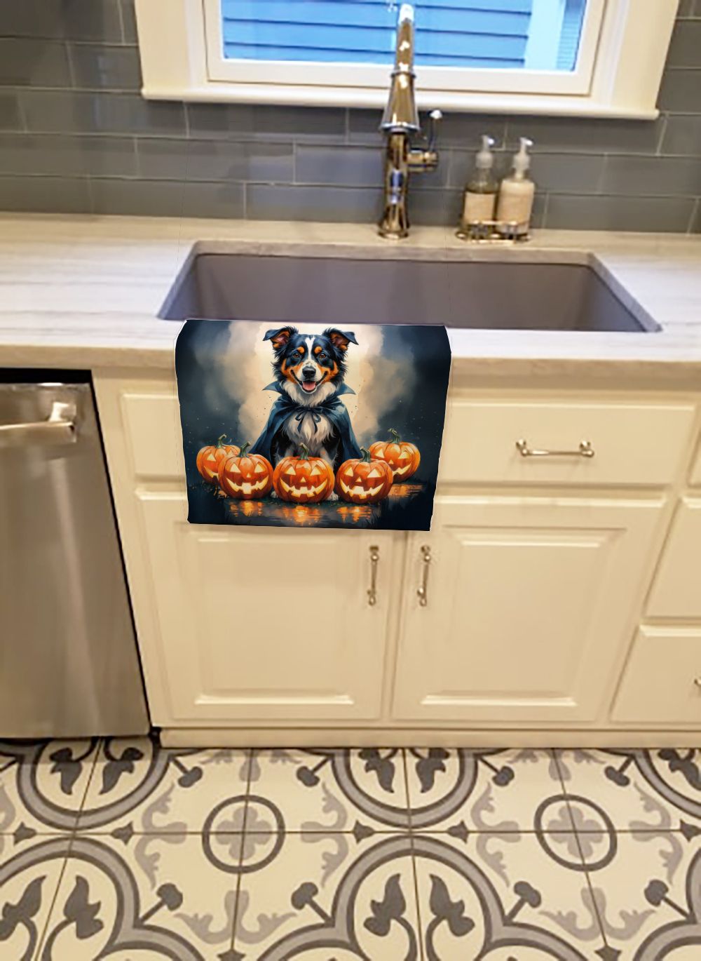 Decorative Kitchen Towel with Australian Shepherd Halloween Design