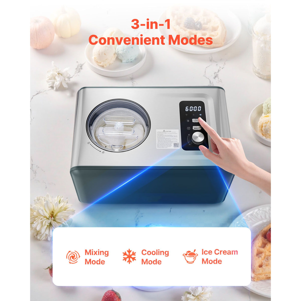 Compressor Ice Cream Maker with Three One-Touch Modes