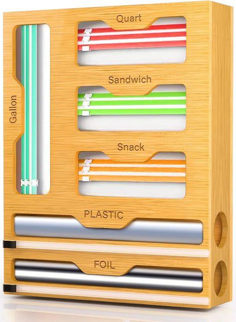 6-in-1 Bag Organizer and Plastic Wrap Dispenser with Cutter for Kitchen Drawer