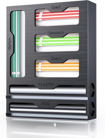 Wall-Mounted Bag and Wrap Organizer with Cutter