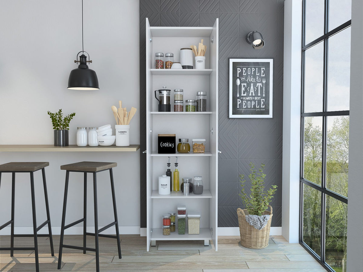 Baleare Pantry Cabinet, Five Interior Shelves, Four Legs -White