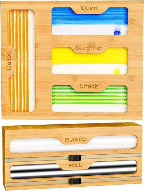 Bamboo Bag Storage Organizer with Wrap Dispenser and Cutter