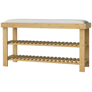 Bamboo Shoe Storage Bench, 3-Tier Entryway Bench with Cushion, Shoe Organizer for Entryway, Hallway