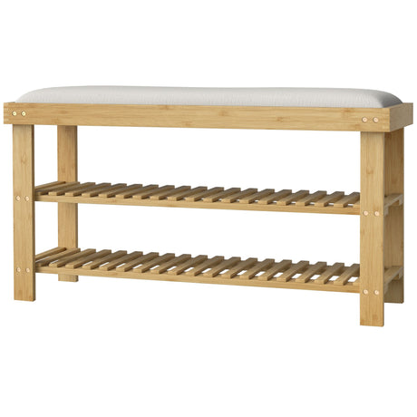Bamboo Shoe Storage Bench, 3-Tier Entryway Bench with Cushion, Shoe Organizer for Entryway, Hallway