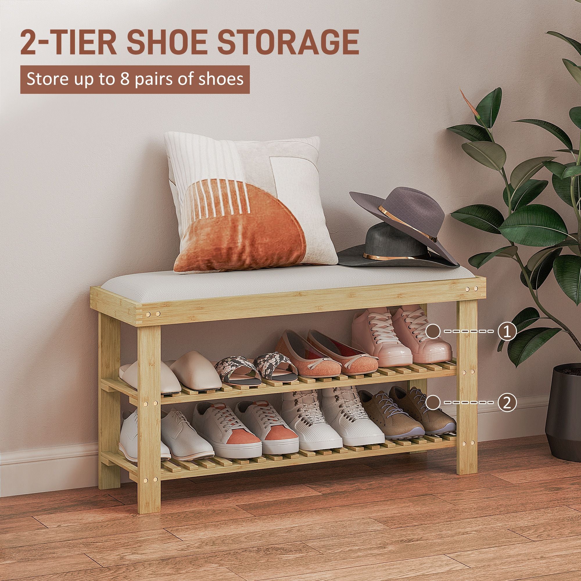 Bamboo Shoe Storage Bench, 3-Tier Entryway Bench with Cushion, Shoe Organizer for Entryway, Hallway