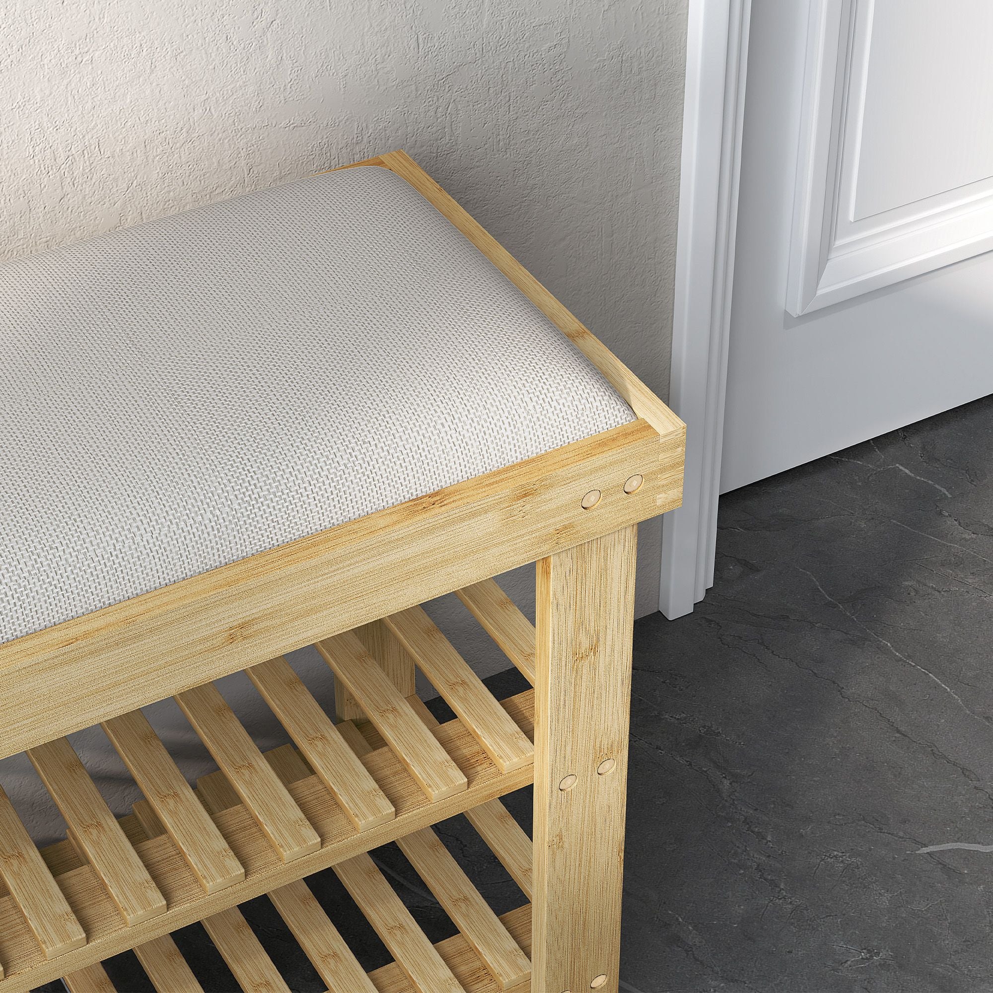 Bamboo Shoe Storage Bench, 3-Tier Entryway Bench with Cushion, Shoe Organizer for Entryway, Hallway