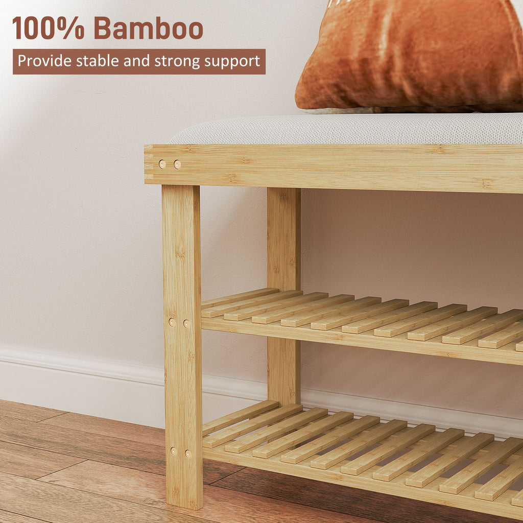 Bamboo Shoe Storage Bench, 3-Tier Entryway Bench with Cushion, Shoe Organizer for Entryway, Hallway