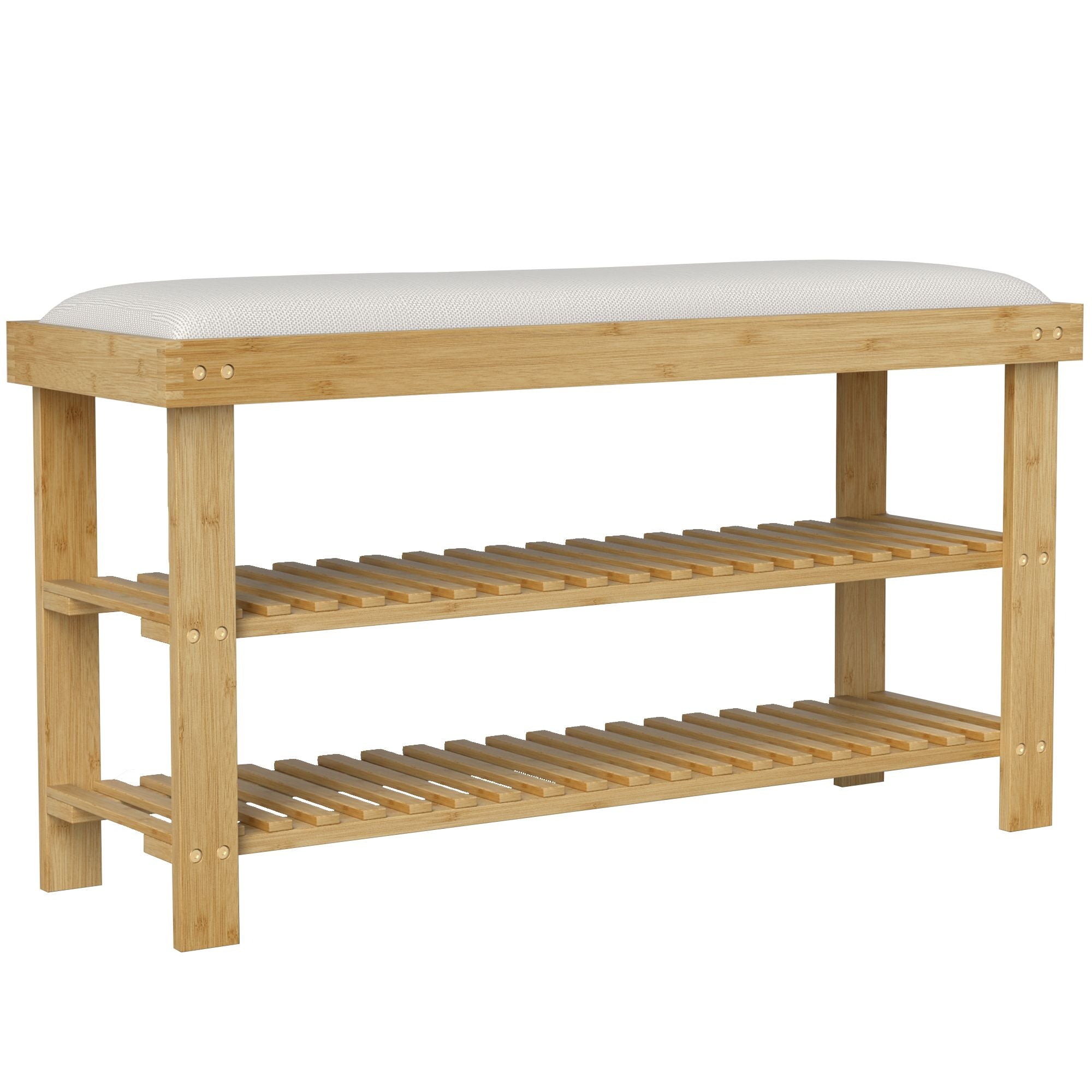 Bamboo Shoe Storage Bench, 3-Tier Entryway Bench with Cushion, Shoe Organizer for Entryway, Hallway