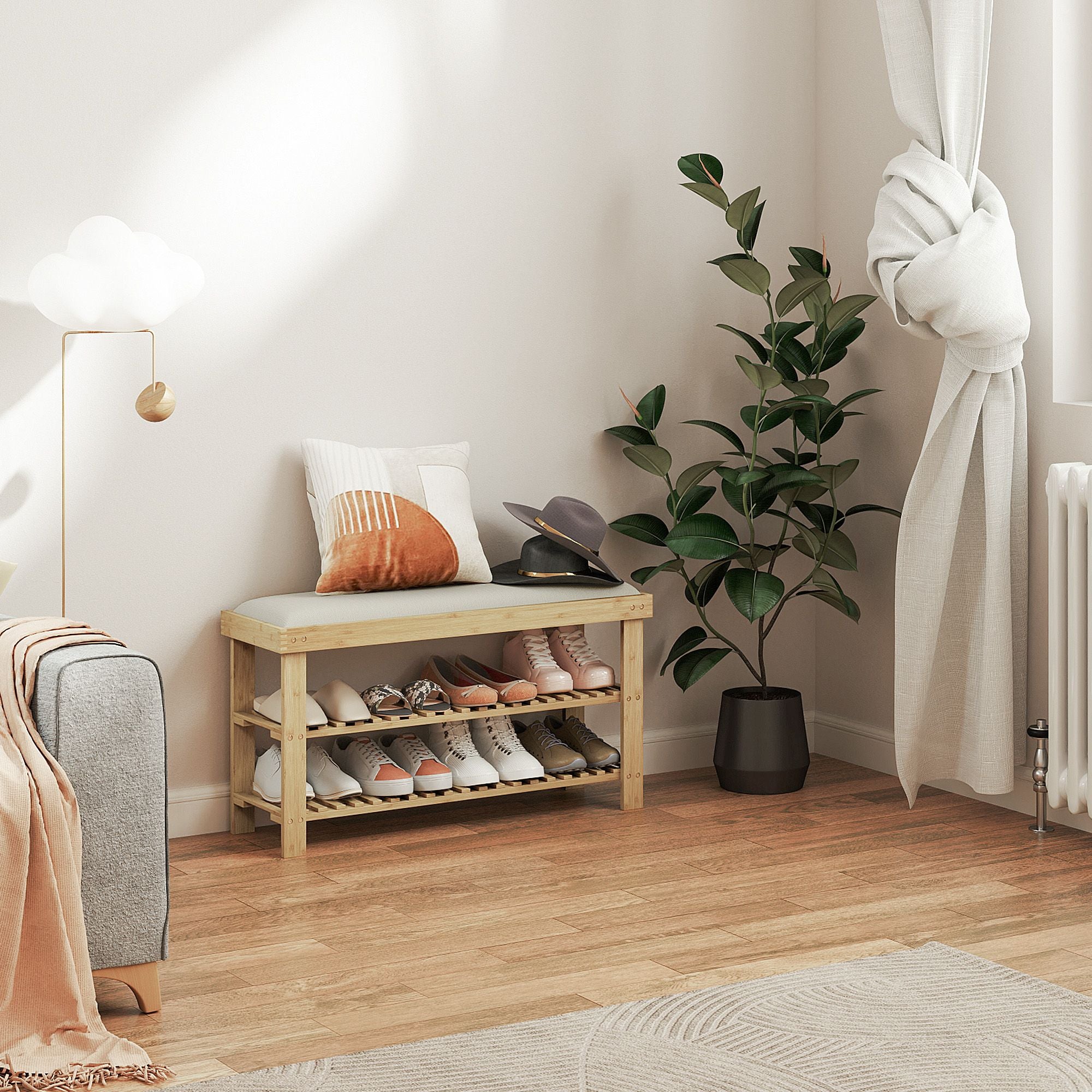 Bamboo Shoe Storage Bench, 3-Tier Entryway Bench with Cushion, Shoe Organizer for Entryway, Hallway