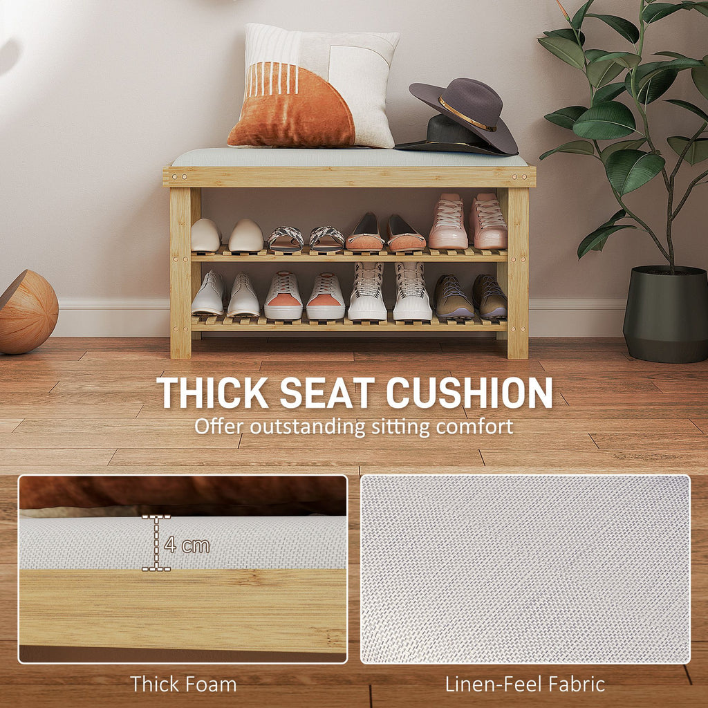 Bamboo Shoe Storage Bench, 3-Tier Entryway Bench with Cushion, Shoe Organizer for Entryway, Hallway