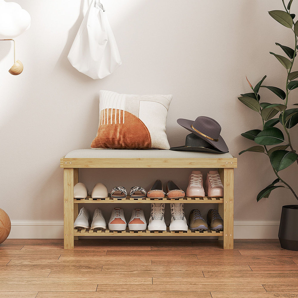 Bamboo Shoe Storage Bench, 3-Tier Entryway Bench with Cushion, Shoe Organizer for Entryway, Hallway