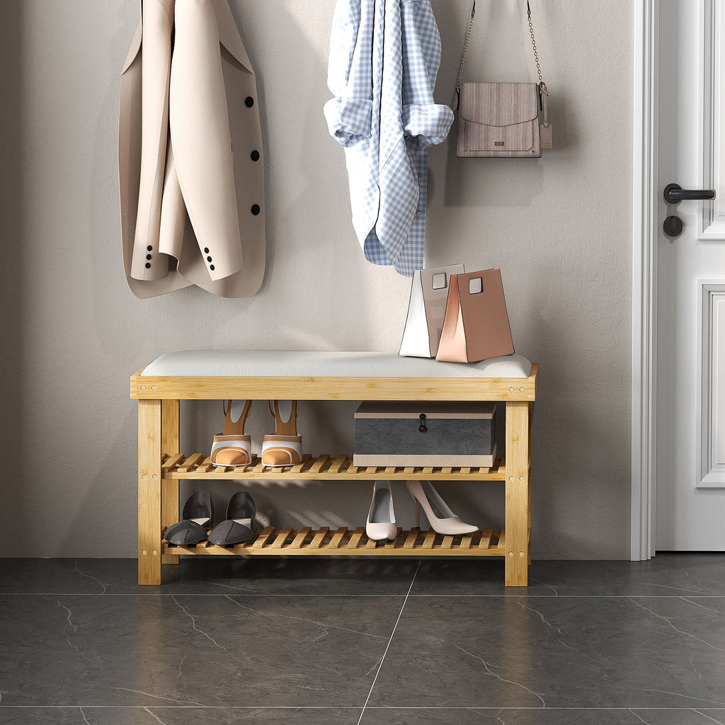 Bamboo Shoe Storage Bench, 3-Tier Entryway Bench with Cushion, Shoe Organizer for Entryway, Hallway