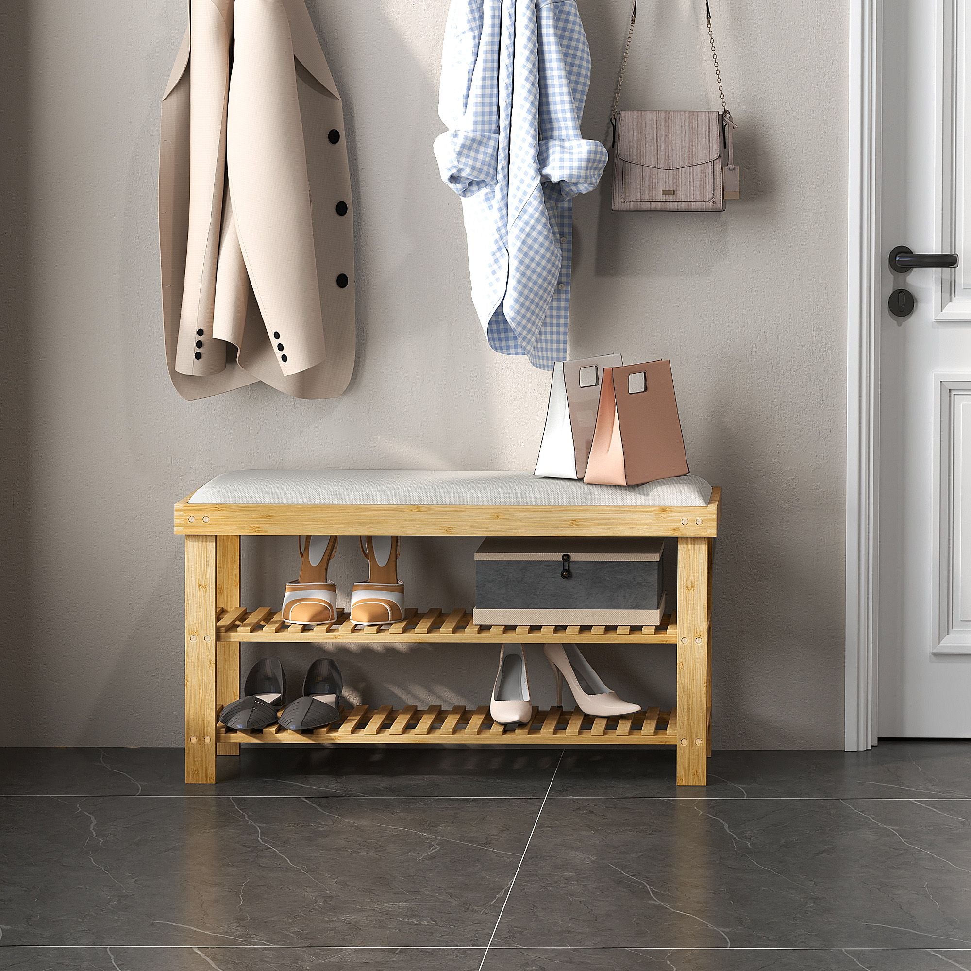 Bamboo Shoe Storage Bench, 3-Tier Entryway Bench with Cushion, Shoe Organizer for Entryway, Hallway